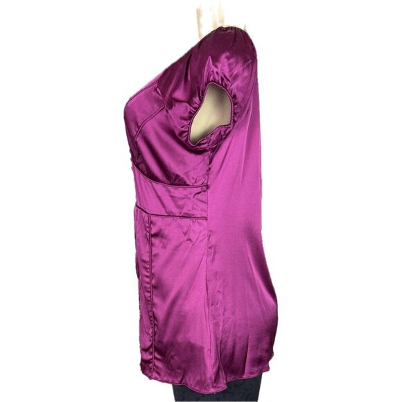Shine NY L Red Violet Silk V-Neckline Slit Front Button Detail Cap Sleeve Blouse - Picture 5 of 6